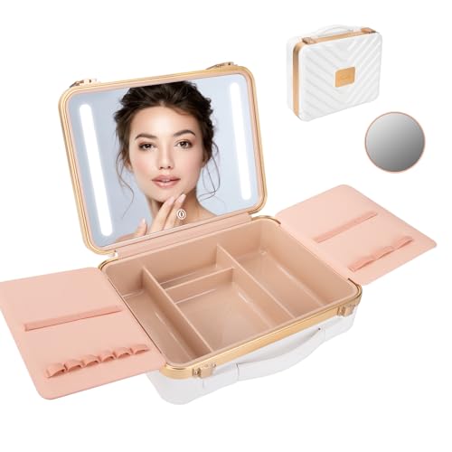 Entdecken Sie die LRUKEY Reise-Make-up-Box  mit leuchtendem 3-farbigem LED-Spiegel, abnehmbarer Lupe und kabellosem Design. Perfekt für unterwegs!