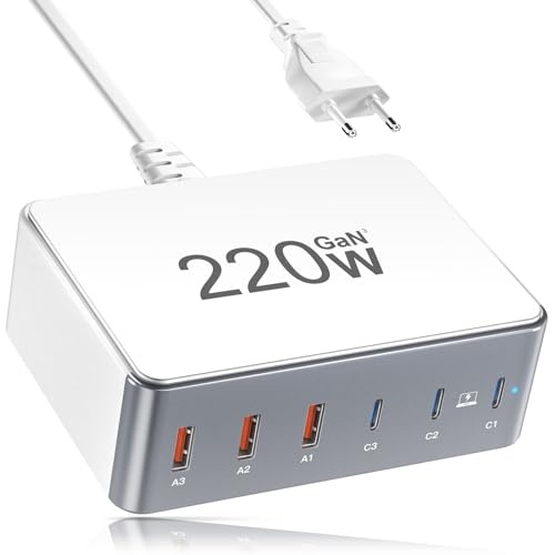 220W usb c ladegerät ysyfad 6-port ladestation 65W für macbook iphone samsung, weiß grau