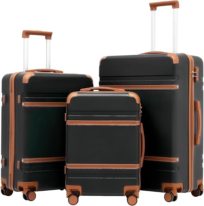 coolife koffer set 3-teilig mit tsa-schloss, teleskopgriff und 4 rollen schwarz/braun