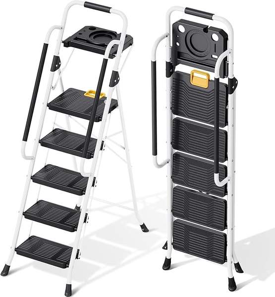 KINGRACK 5-Stufen Trittleiter klappbar, 150 kg Tragfähigkeit, mit Handlauf und Werkzeugtray