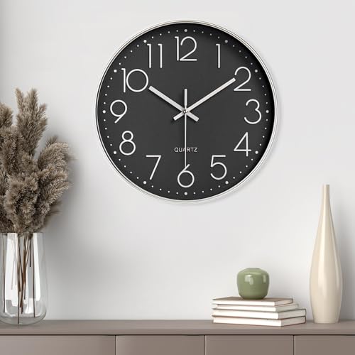 Produktbild: gentpovth 8 zoll wanduhr schwarz ohne tickgeräusche mit klarglasscheibe für büro küche schule