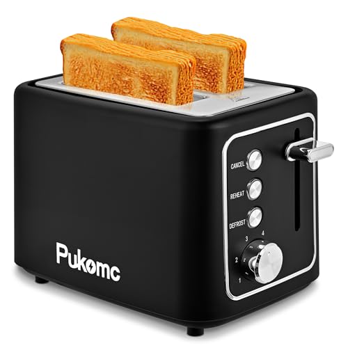 Pukomc Toaster, 2 Scheiben, extra breite 3,3 cm Slots, 6 Bräunungsstufen, herausnehmbare Krümelschale, schwarz