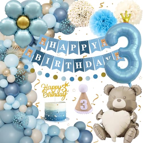 geburtstagsdeko 3. geburtstag junge mit ballon 3, banner, mütze, bär themen luftballons