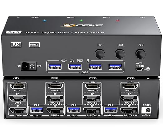 KVM Switch 3 PC 3 Monitore 8K 60Hz 4K 144Hz HDMI DisplayPort 4 USB 3.0