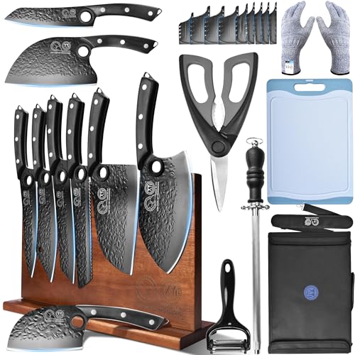 xyj küchenmesser set schwarz, kohlenstoffstahl, geschmiedete klingen, inklusive tragetasche, geflügelschere