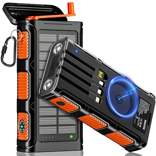 wireless solar powerbank 26800mah mit handkurbel und 4 kabeln, 15w usb-c schnellladung
