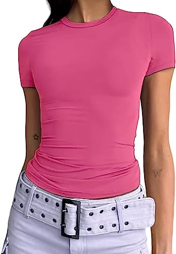 damen crop top kurzarm rundhalsausschnitt slim fit casual y2k shirt pink