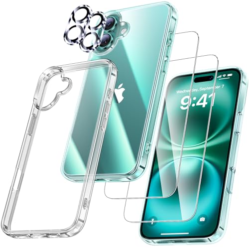 uniqueMe iPhone 16 hülle, 5 in 1 set mit schutzfolie und kameraschutz, transparent