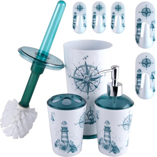 badezimmer set fh - seifenspender, zahnputzbecher, toilettenbürste, haken, weiß blau