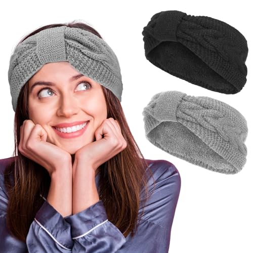 lvefyti stirnband damen winter 2er set gestrickte ohrenwärmer haarschmuck schwarz grau