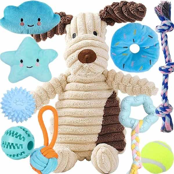 Welpen Spielzeug Set 10 tlg. - Plüsch, Kauspielzeug, Quietscher, Ball für kleine Hunde