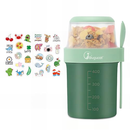 bugucat 2-in-1 cereal cup to go, 560 ml, joghurtbecher, auslaufsicher, grün
