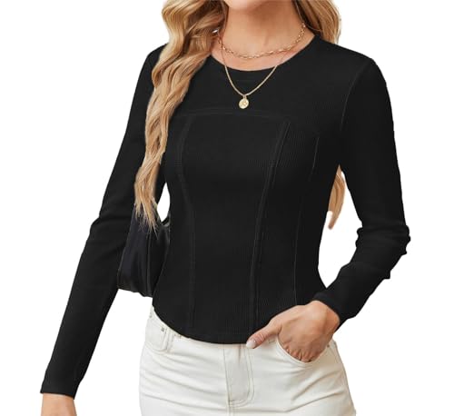 grace karin damen langarm top schwarz elastisch slim fit rundhalsausschnitt L