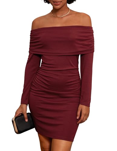 grace karin cocktailkleid damen langärmelig schulterfrei hohe taille dunkelrot L