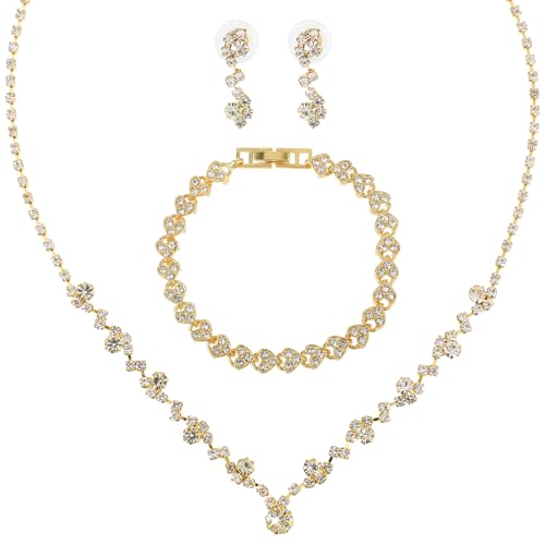 yolev brautschmuck set gold strass ohrringe halskette armband damen hochzeit
