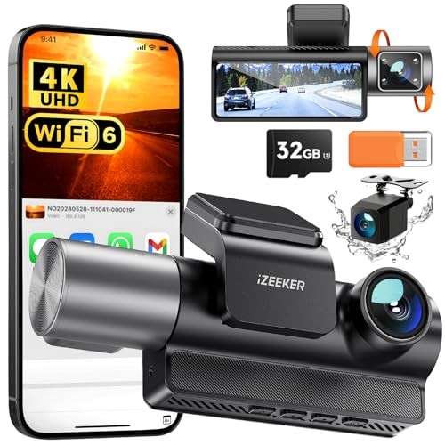 iZEEKER 4K 3-Kanal Dashcam Auto Vorne Hinten Innen, WiFi, G-Sensor, 32 GB Karte