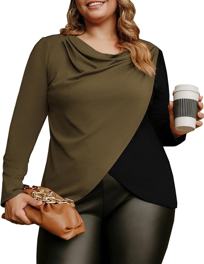 Produktbild: Hanna Nikole Rundhalsausschnitt Hemd für Mollige Frauen Schwarz & Khaki 48