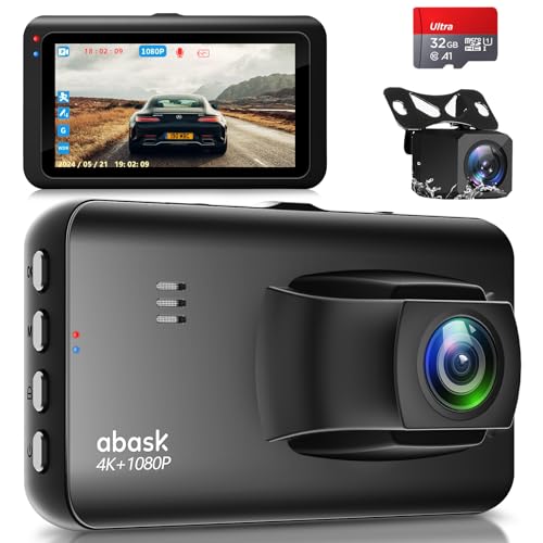 abask dashcam auto 4K vorne 1080P hinten, 320 mit 32GB, Nachtsicht, G-Sensor, Parküberwachung