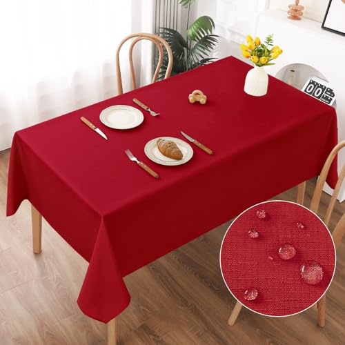 AooHome abwaschbare tischdecke rot 140x200cm polyester wasserabweisend leinen-optik