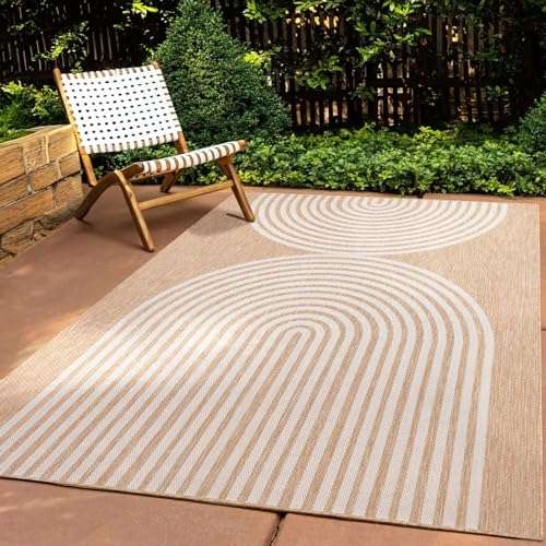 wetterfester teppich für innen und außen, boho design kreise, natur beige 067x180 cm