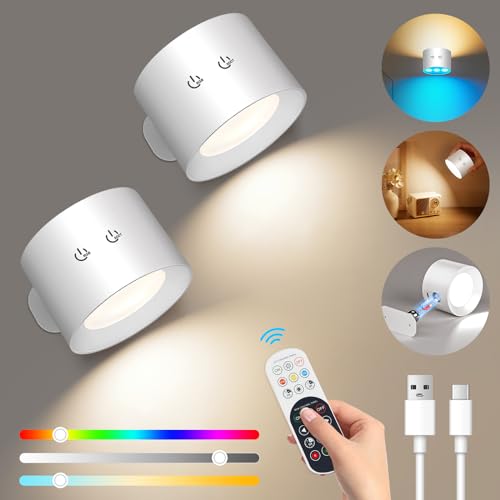 led wandleuchte innen 2 stück dimmbar kabellose wandlampe rgb 360 drehbar weiß