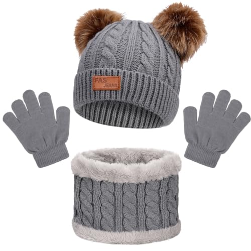 lvefyti kinder wintermütze schal handschuhe set grau für 1-5 jahre mädchen jungen