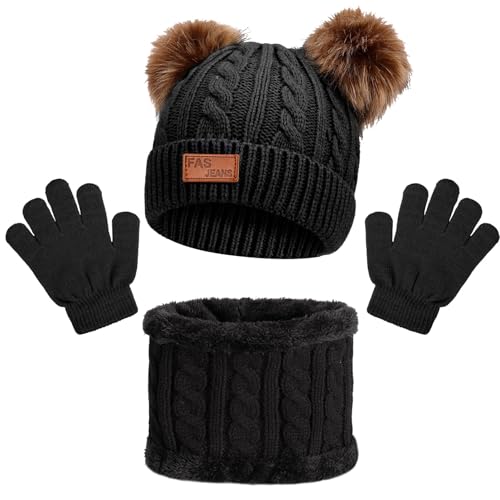 lvefyti 3in1 kinder wintermütze schal handschuhe set für 1-5 jahre schwarz