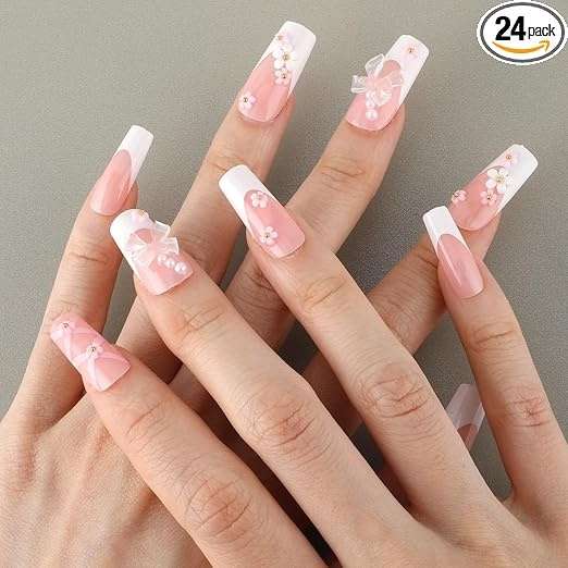 french nails rosa 3d blumen 24 stück, fake nägel mit nagelfeile, press on nails