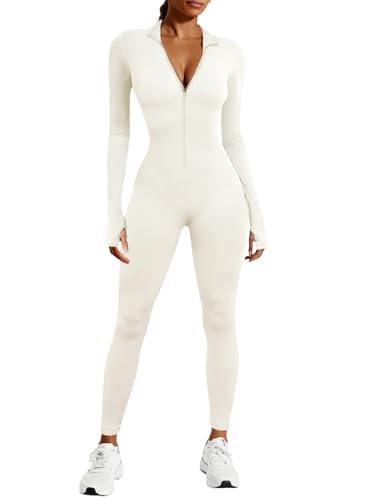 Produktbild: Voqeen Damen Jumpsuit Langarm Zip Up V-Ausschnitt Yogakombination Overall
