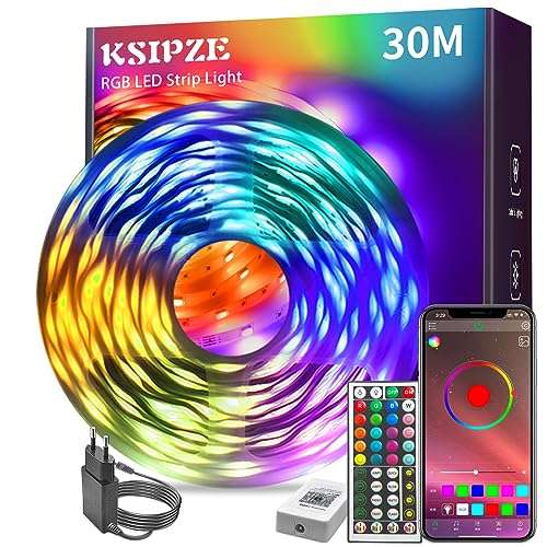 ksipze led strip 30m rgb streifen mit fernbedienung, bluetooth, musik sync, dimmbar