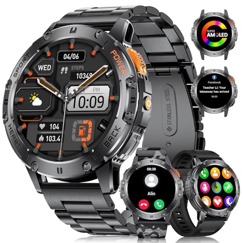 dremac smartwatch herren militär 1,43 zoll amoled sportuhr mit taschenlampe, 530 mAh Akku