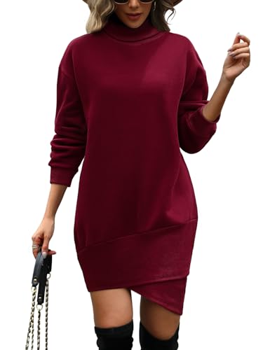 umipubo pullover kleid damen rollkragen warm plüsch sweatkleid rot, L