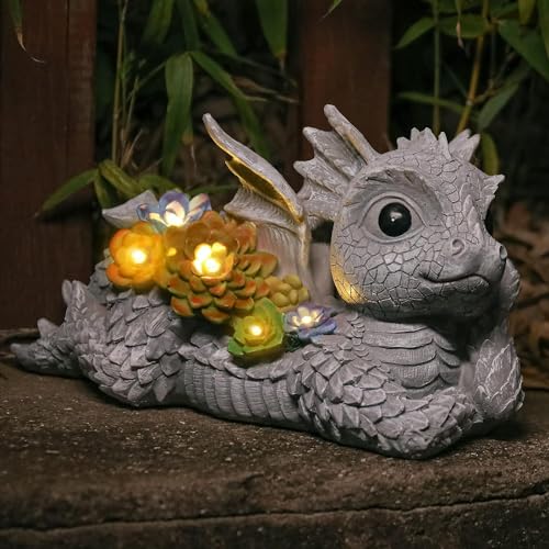 umikk drachenfiguren deko mit solar lichterkette, gartenfiguren außen geschenke