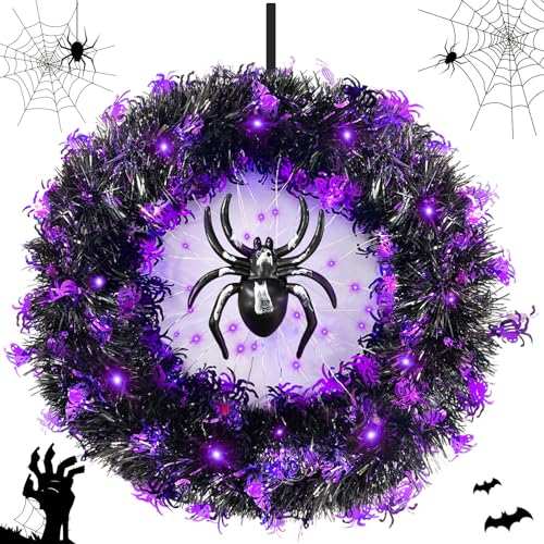 halloween türkranz rddaippe mit licht, spinnendekoration, 34 cm, innen und außen