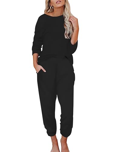 Produktbild: ekouaer damen schlafanzug langarm pyjama baumwolle zweiteiler schwarz l