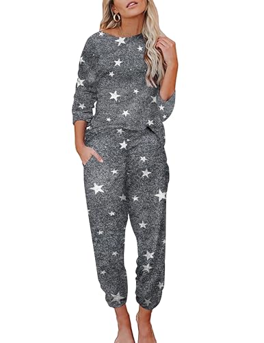 Produktbild: ekouaer langarm schlafanzug damen zweiteiler pyjama set dunkelgraue sterne S