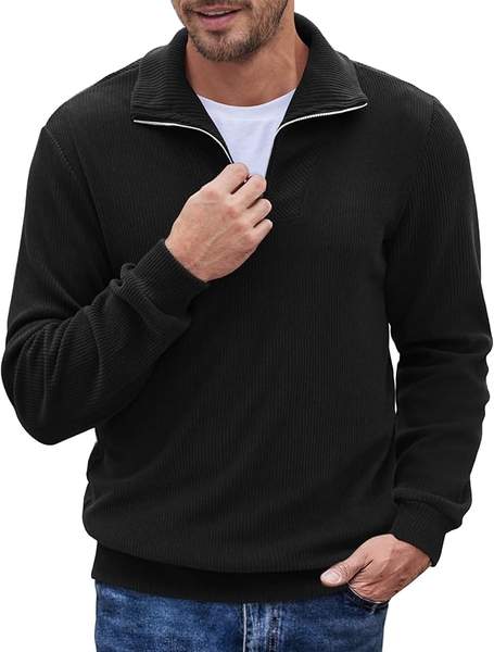 COOFANDY Herren Pullover Half Zip Troyer Schwarz Warm Winter M