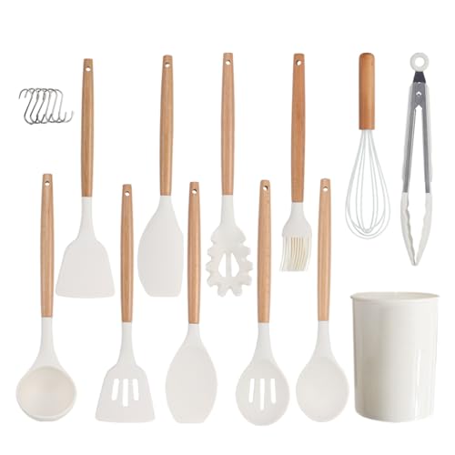 silikon küchenhelfer-set 12-teilig hitzebeständige kochutensilien mit holzgriff, weiss