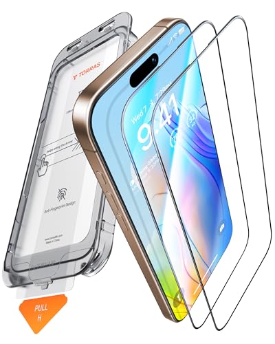 torras displayschutzfolie iphone 16 pro, gehärtetes glas, 9h, anti-fingerprint, 2er-pack