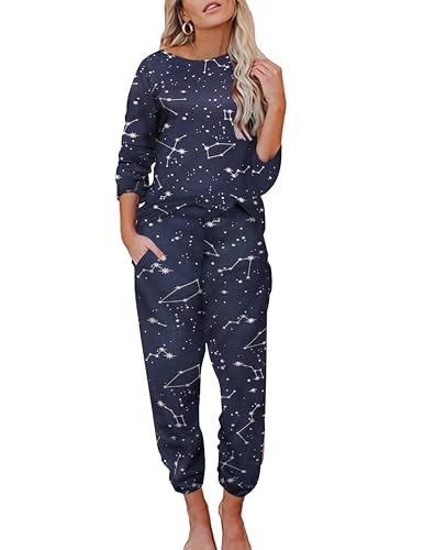 ekouaer damenschlafanzug langarm pyjama winter loungewear dunkelblauer sternenhimmel M