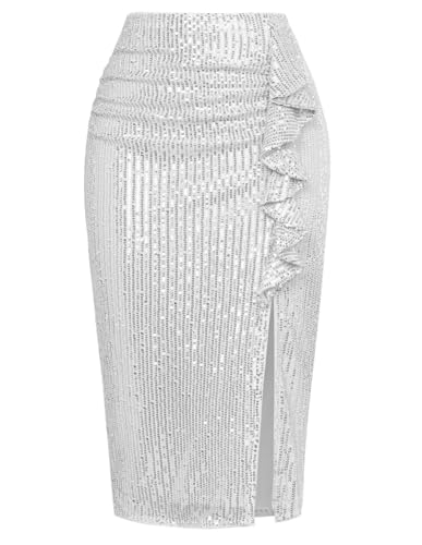 pailletten rock damen kate kasin hohe taille bleistiftrock midi mit schlitz silber l