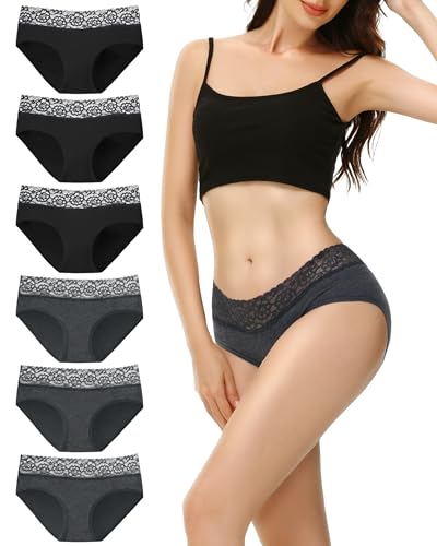 ekSher unterhosen damen 6er pack baumwolle slip sexy spitze hipster schwarz grau xl