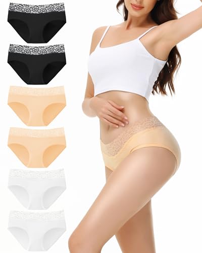 Produktbild: ekSher damen unterhosen 6er pack baumwolle spitze slips hipster schwarz weiß hautfarbe 2XL