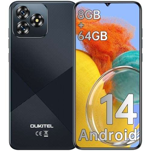 oukitel c53 smartphone android 14, 8gb ram, 64gb, 1tb, 6,6" hd+, 13mp kamera, 4g dual sim, schwarz