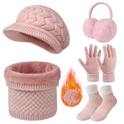 tuopuda damen mütze schal handschuhe set winter fleece beanie ohrenwärmer rosa