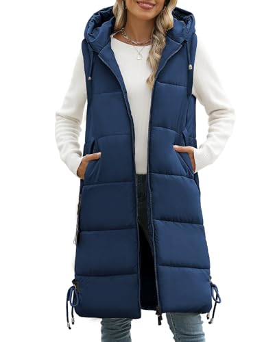 vancavoo damen lange jacke weste steppweste mit kapuze daunen marineblau, m