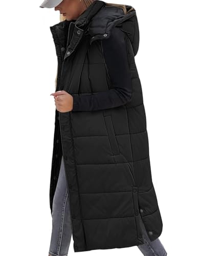 vancavoo lange steppweste damen mit kapuze ärmellos winterjacke schwarz, m