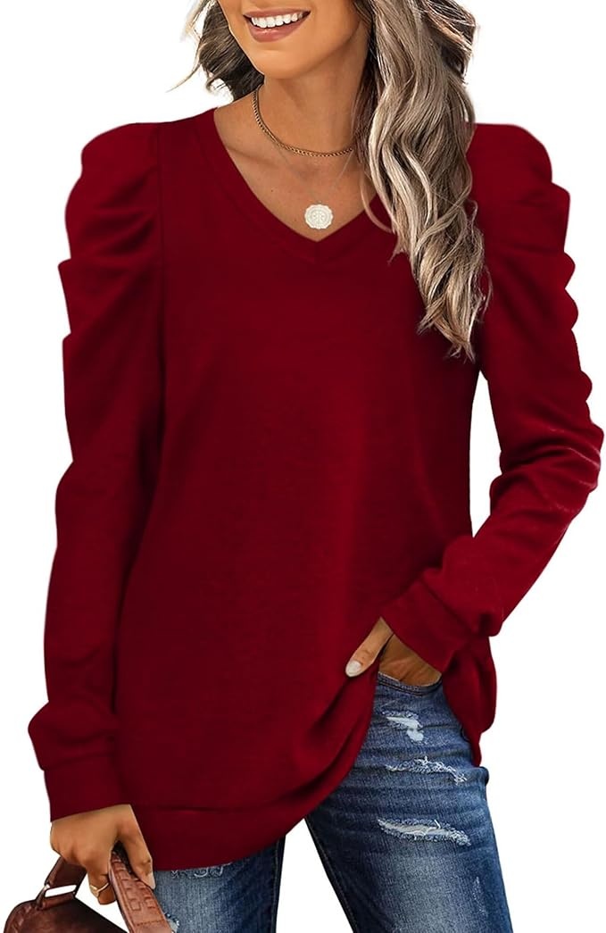 XIEERDUO pullover damen sweatshirt puffärmel langarmshirt tunic rot s