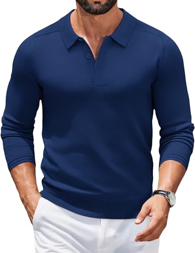 Herren Strickpullover Polo Langarm mit Polokragen Versteckte Knopfleiste Navy XL