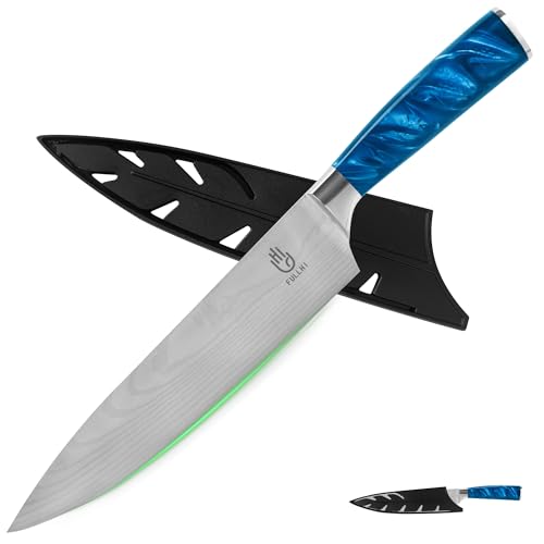 FULLHI 8-Zoll Kochmesser aus japanischem Edelstahl, Multi-Color, mit Schutz, blaues Harz